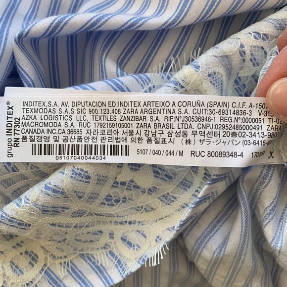 ZARA Striped Blue White Blouse Top Lace Detail - Picture 11 of 14